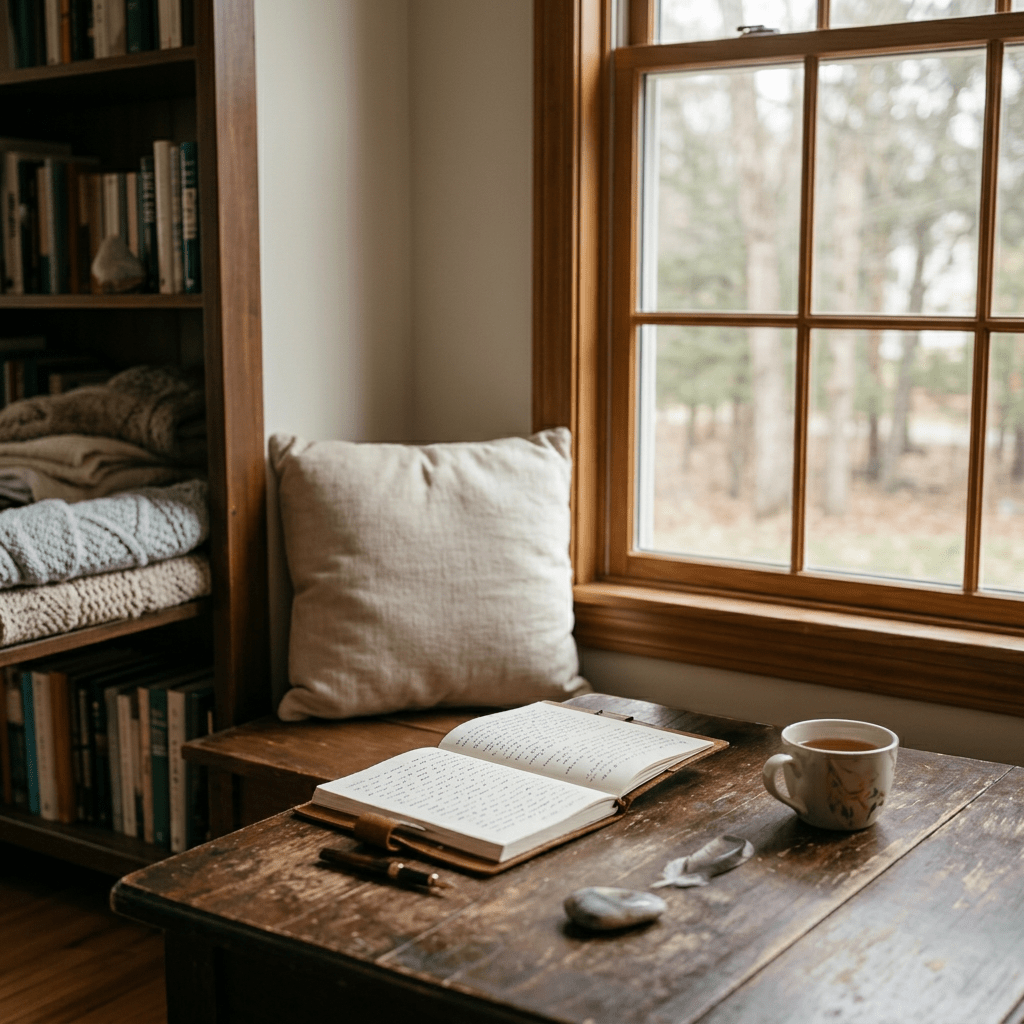 Woman writing in journal by window with reflection and teacup on table